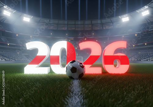 2026 soccer stadium with ball and date