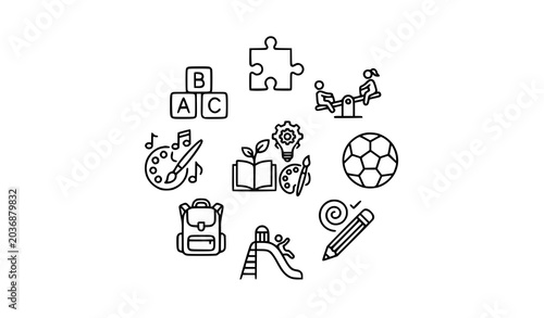 Minimal kindergarten icon set thin line preschool learning and toys vector isolated on white background