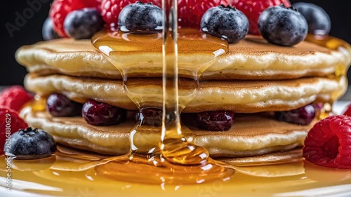 Delicious Stack of Pancakes Drizzled with Golden Honey and Fresh Berries.