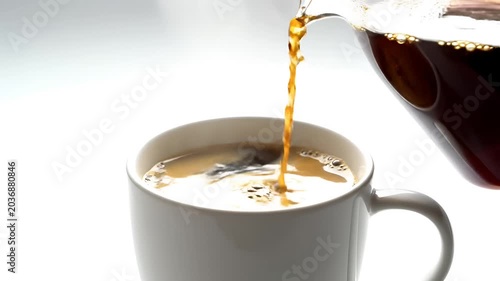Fresh Hot Coffee Being Poured Into a White Mug.