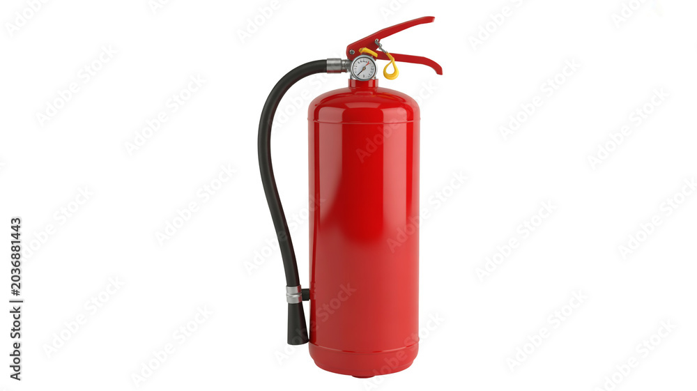 Obraz premium Red fire extinguisher with black hose and silver handle isolated on white
