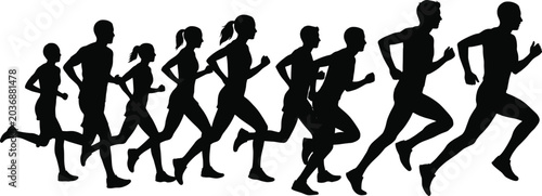 Schilderij op canvas Large group of running people silhouettes participating in a marathon race or sp