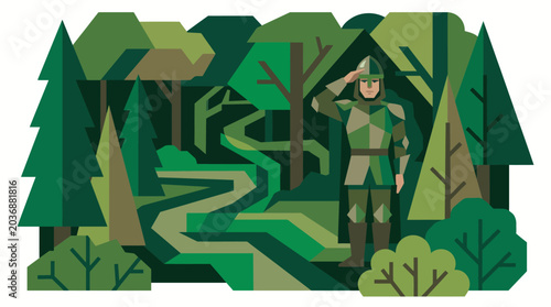 A soldier stands guard in a dense forest while on a hike through the woods.
