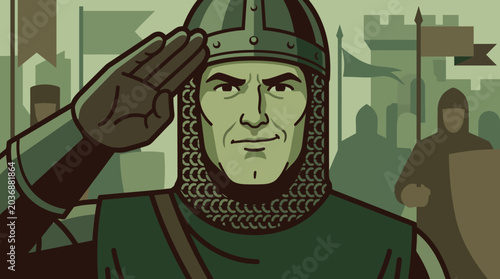 Medieval knight salutes in front of a castle with another knight.
