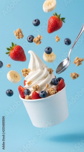 Frozen yogurt cup with flying toppings of strawberries, blueberries, bananas and granola on a blue background