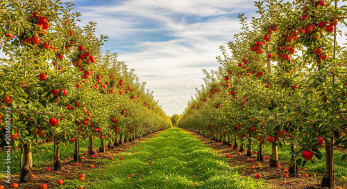Long orchard pathway surrounded by rows of vibrant apple trees beneath clear skies