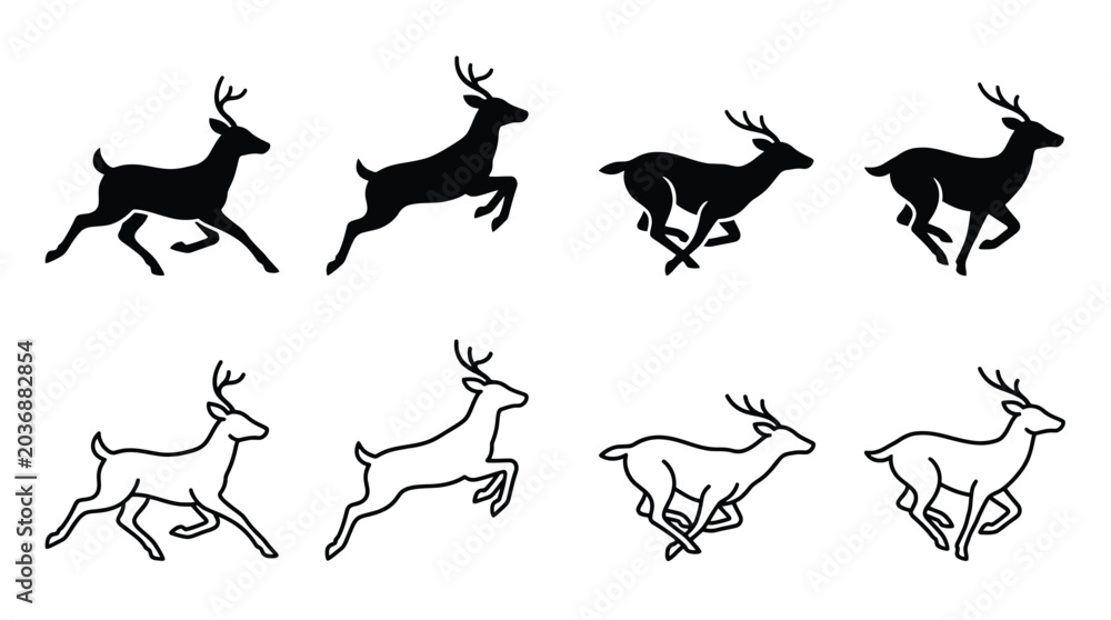 Naklejka premium Set of deer silhouettes and line art icons, running and jumping reindeer, vector illustration
