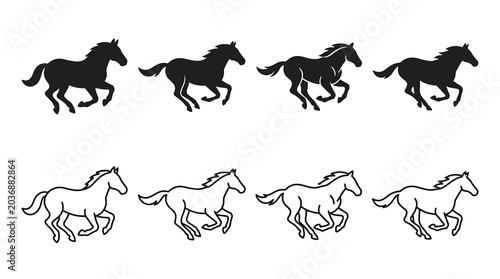 Bild auf Leinwand Set of running horses silhouettes and line art icons vector illustration of gall