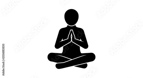 Bild auf Leinwand Black silhouette of a person in a meditative lotus pose, hands pressed together in prayer or greeting, conveying peace, mindfulness, and spiritual well-being
