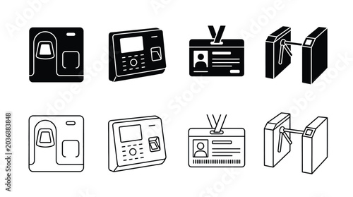 Access control icons set security system, biometric fingerprint scanner, identification badge, and turnstile gate vector illustration