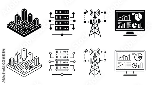 Set of smart city technology icons including urban infrastructure, server data center, communication tower and data analytics dashboard