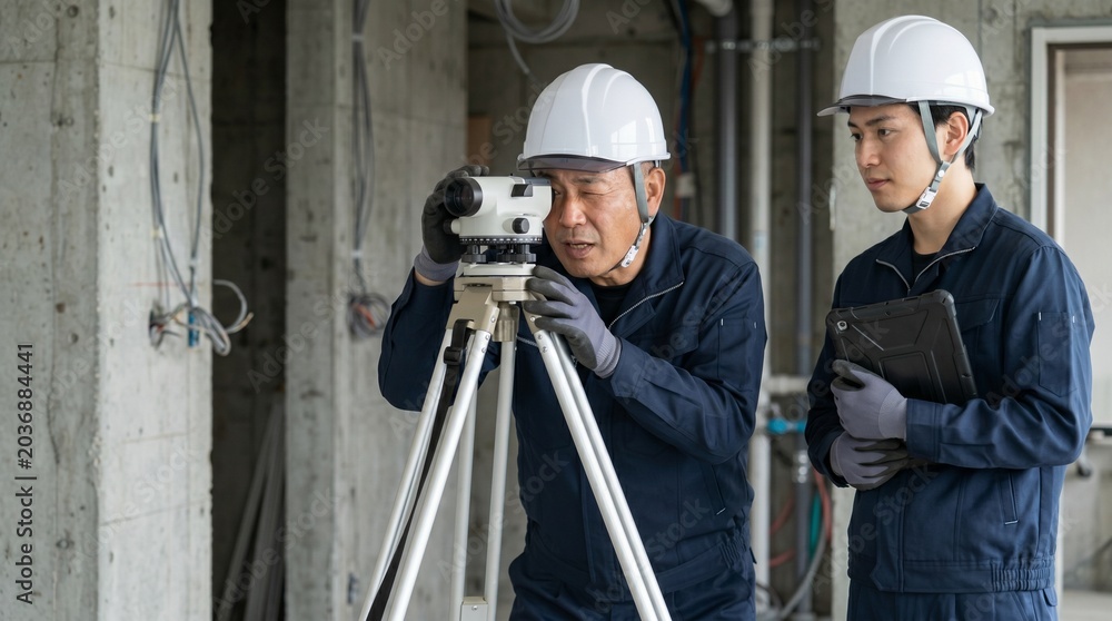 Fototapeta premium 配線工事中の建設現場で測量機器の操作を指導するベテラン現場監督のOJT