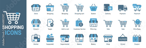 Set of blue and grey flat shopping icons for e-commerce and retail store websites