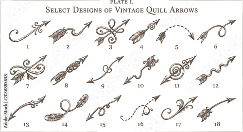 Vintage quill arrows collection, set of 18 hand-drawn decorative arrow vectors, antique ink sketch pointers for wedding invitations and branding