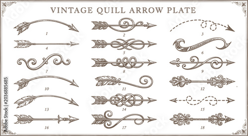 Vintage quill arrow plate with 18 decorative elements, antique hand drawn arrow set, rustic ornamental flourishes for wedding invitations and branding