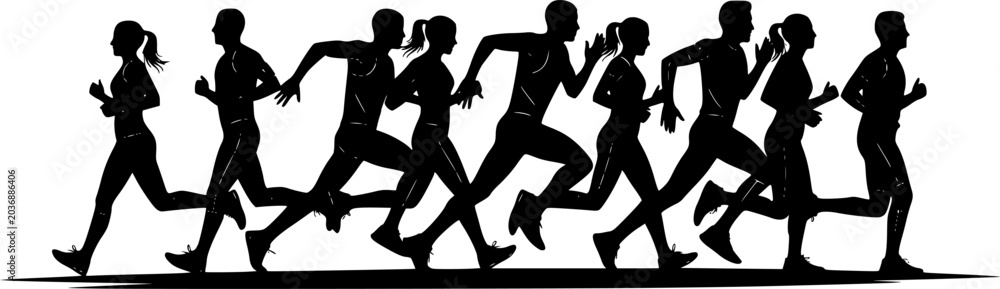 Fototapeta premium Running People and Joggers Silhouette Vector. Marathon Athletes Sprinting, Fitness Runners, and Active Workout Characters on White Background.