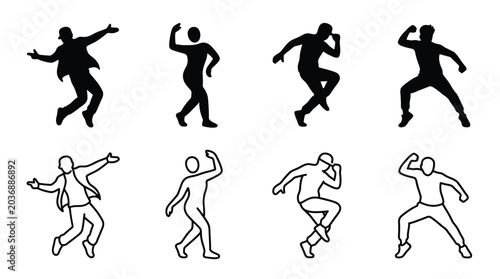 Картината върху платно Set of dancing people silhouettes, hip hop dancers, breakdance poses, street dan