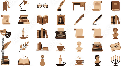 Obraz na płótnie Vintage literature and dark academia vector icon set featuring old books quill i