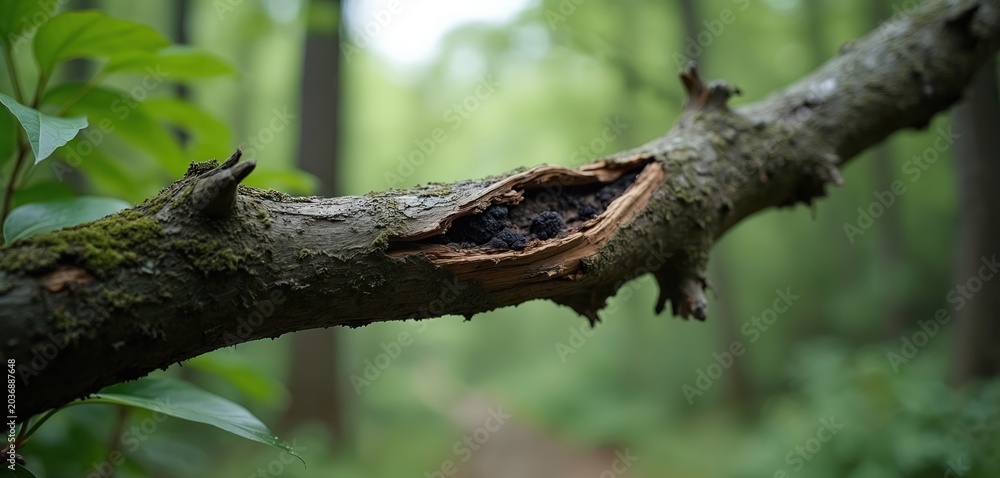 Fototapeta premium Broken tree branch in forest. Wood cracked open showing dark interior. Moss covers rough bark on limb. Green leaves surround fallen natural wood.