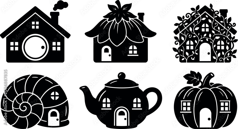 Naklejka premium Six fantasy houses including shell flower and pumpkin shapes