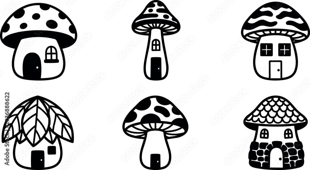 Fototapeta premium Black and white mushroom house icons with varied roofs and doors vector art