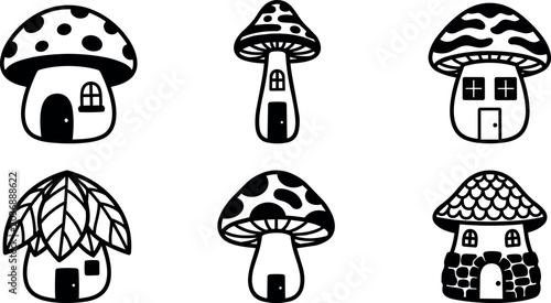 Black and white mushroom house icons with varied roofs and doors vector art