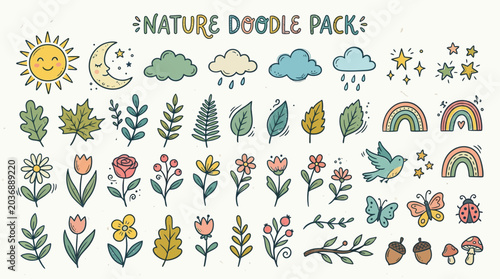 A vibrant doodle pack featuring various nature elements, including flowers, clouds, and animals, set against a white background with colorful illustrations.