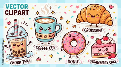 Colorful cartoon illustrations of sweet baked goods and drinks on a table