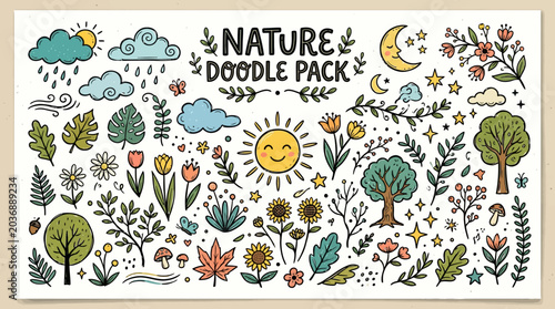 A vibrant illustration of various plants, flowers, and trees under different weather conditions, showcasing nature's beauty with sun, moon, and clouds.