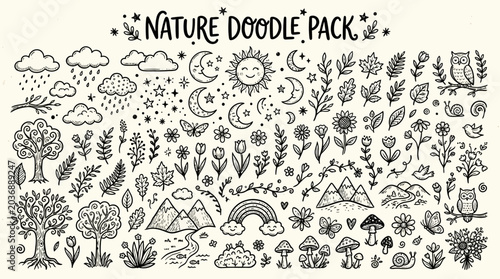 A serene nature scene featuring various plants, trees, and landscapes with doodle-style illustrations of mountains, clouds, and weather elements.