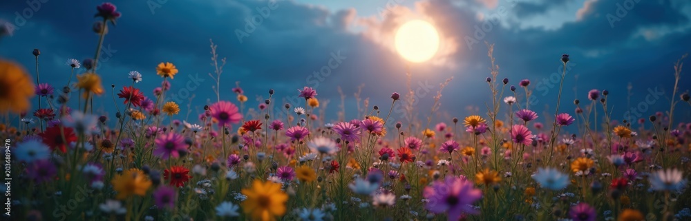 Obraz premium Wildflower meadow under full moon sky. Colorful flowers bloom in field at dusk. Nature scene with plants and moonlight glow. Serene botanical landscape for tranquility.