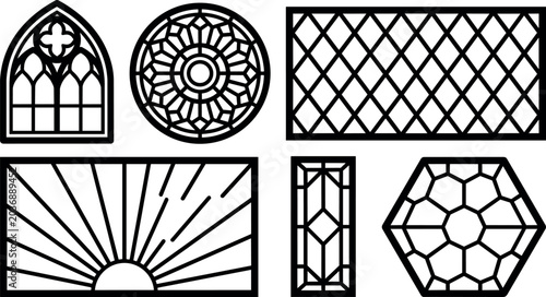 Black and white geometric stained glass window vector art set with various shapes