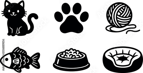 Black cat with paw print yarn ball fish food bowl and pet bed vector art