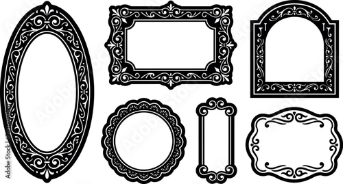 Black ornate decorative frames set with oval round and rectangular shapes