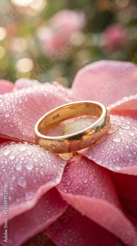 Macro Shot of an 18K Gold Wedding Ring Placed on Wet Pink Rose Petals