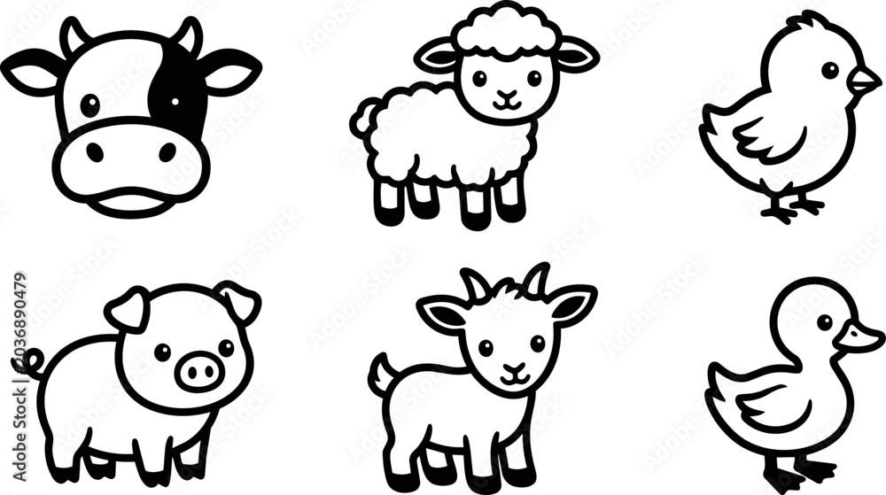 Obraz premium Black and white line art farm animals icons cow sheep chick pig goat duck