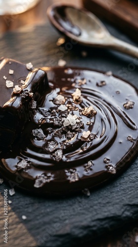 Macro Shot of Melting Dark Chocolate Swirl with Sea Salt Crystals on a Slate Plate