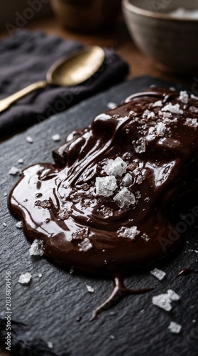 Macro Shot of Melting Dark Chocolate Topped with Large Sea Salt Crystals on a Slate Board