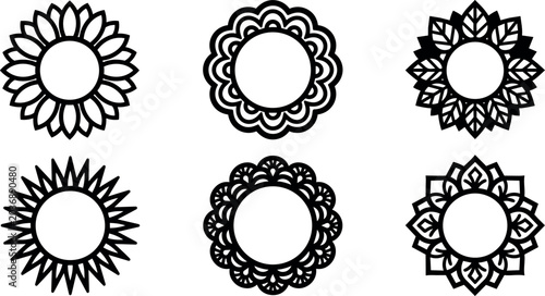 Black and white floral and geometric vector frames with circular centers