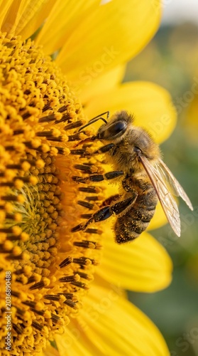 Ultra Detailed Macro Shot of a Honey Bee Gathering Pollen on a Bright Yellow Sunflower