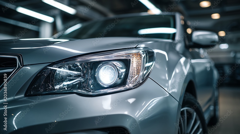 Fototapeta premium Front car lamp detail in modern garage with clean composition, commercial automotive photography style and premium vehicle presentation