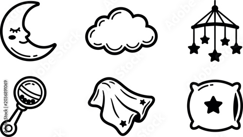 Black and white line art baby moon cloud pillow rattle and mobile icons