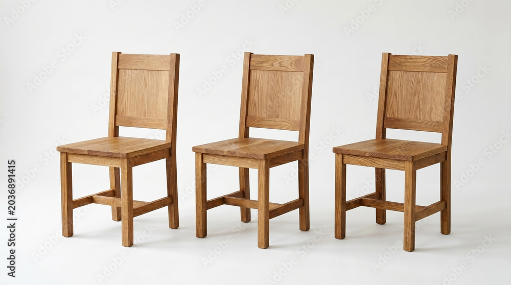 Fototapeta premium Traditional oak wood dining chairs with panel backrest design and cross support beams featuring rich golden grain patterns on white floor for rustic home kitchen furniture collection.