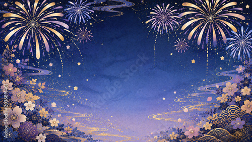 夜空に打ち上がる花火と美しい和柄の草花を描いた華やかな和モダン背景イラスト