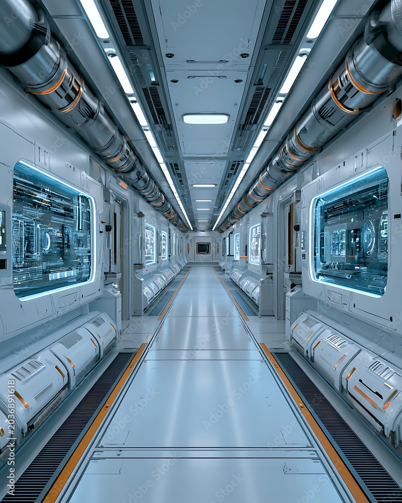 Obraz premium advanced research laboratory corridor with glowing medical interface panels, futuristic sterile environment