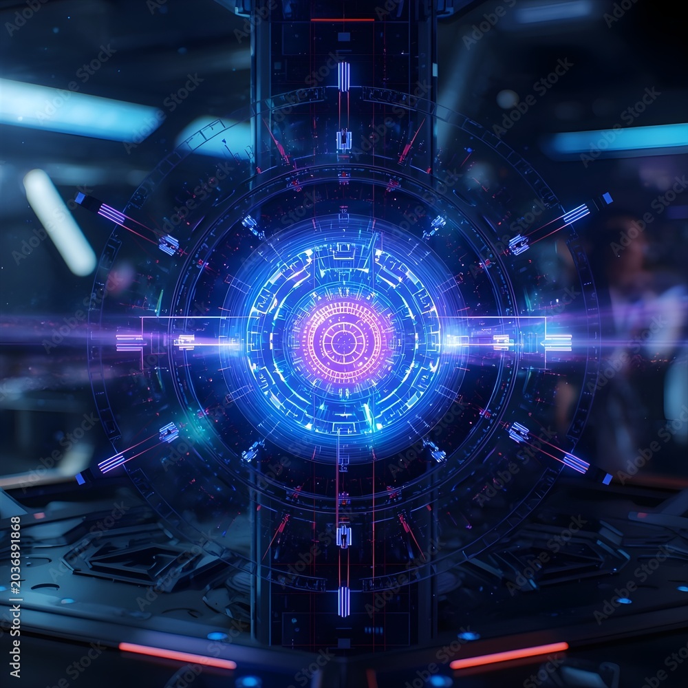 Obraz premium Futuristic glowing blue sci-fi reactor core with complex digital HUD interface panels