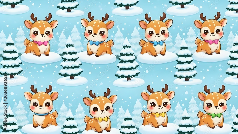 Fototapeta premium Seamless pattern featuring adorable cartoon deer wearing colorful bow ties amidst a whimsical snowy forest scene, ideal for holiday and children's projects