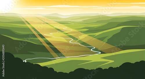 Aerial view of rolling green farmland at sunrise.