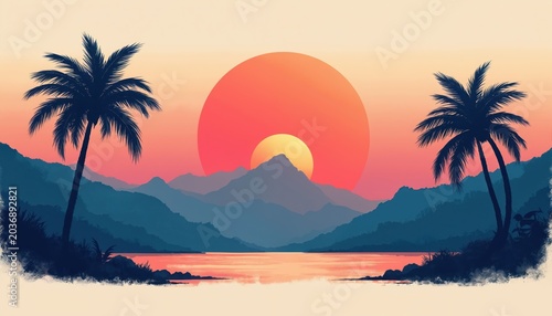 Palm trees frame vast ocean at tropical sunset. Layered mountains recede into distance under vibrant orange sky. Calm water reflects warm light from large sun.