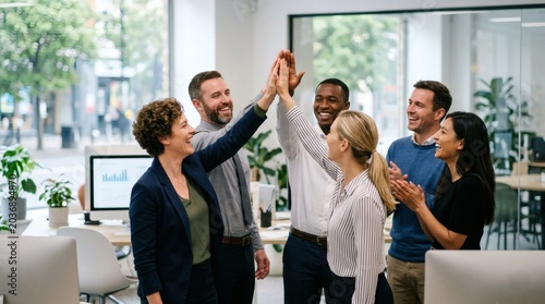 Diverse group of coworkers high fiving in modern office setting with plants